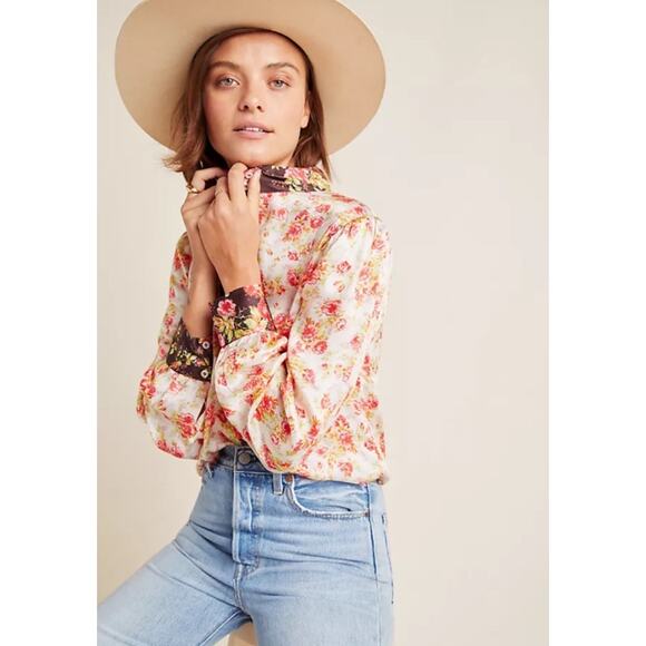 Anthropologie Hemant & Nandita Fatima Mixed Floral Button Up Blouse Small Ae14 - Picture 3 of 12